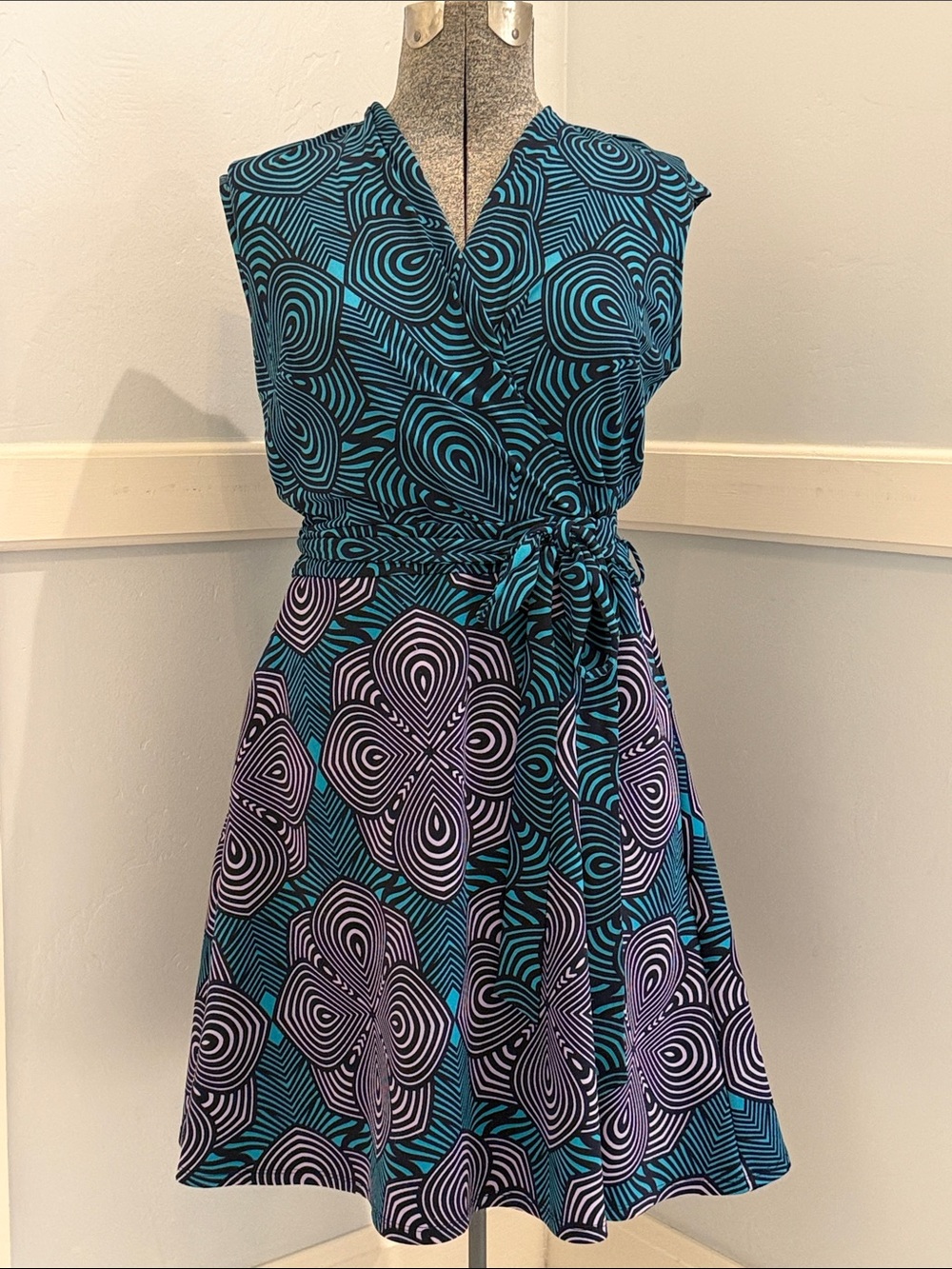 Taylor Teal & Purple Printed Tie-Waist Mini Dress
